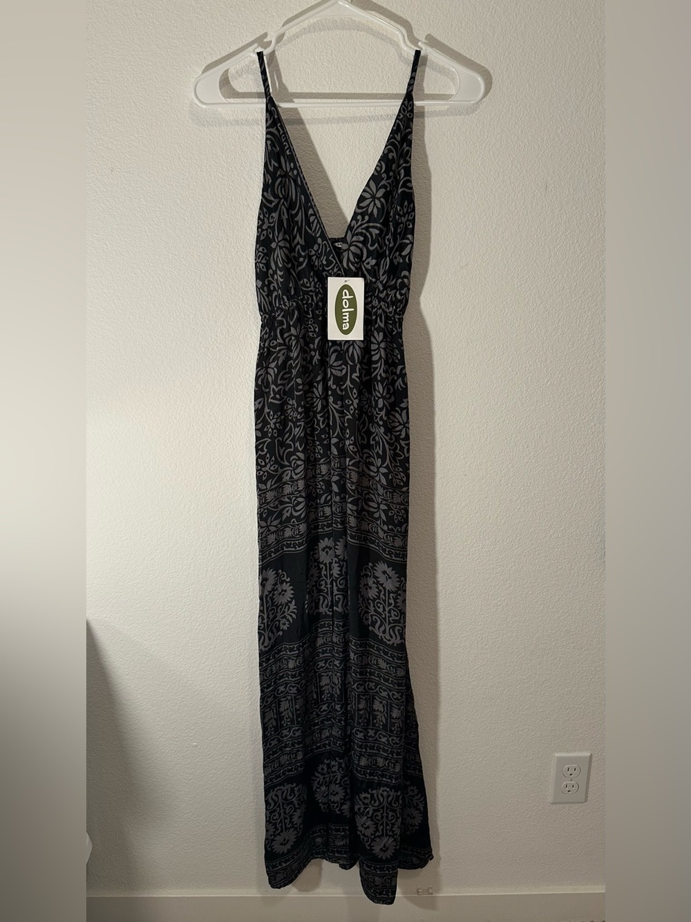 Black Printed V-Neck Maxi Dress with Adjustable Straps